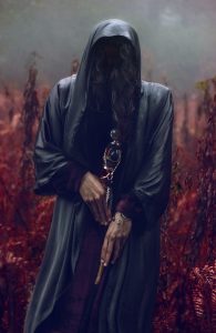 Druide, Gestalt in schwarzem Mantel mit Gehstock