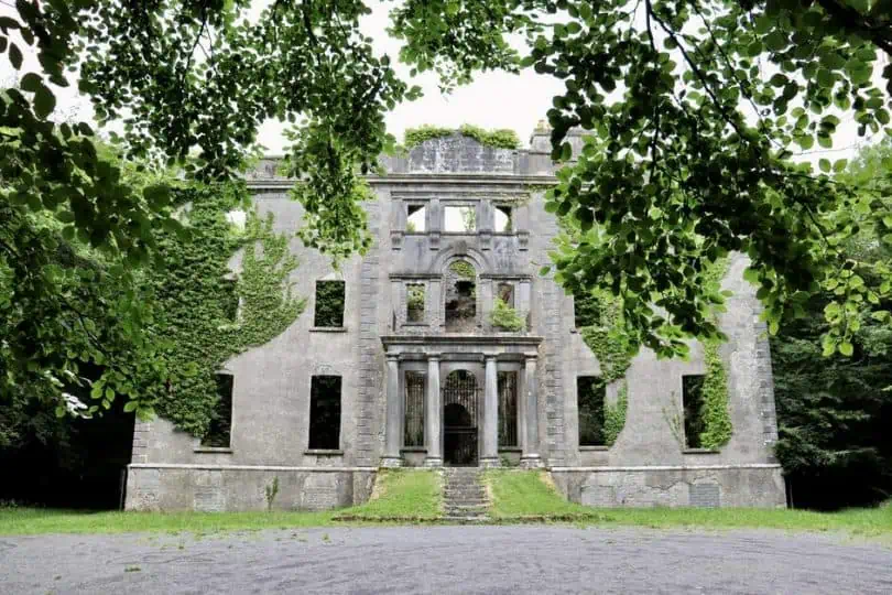 Moore Hall Ruine umgeben von Bäumen